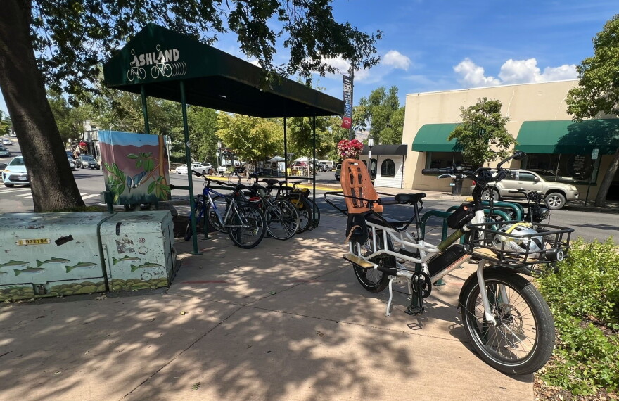 Public bike rack on the downtown plaza in Ashland, Oregon.