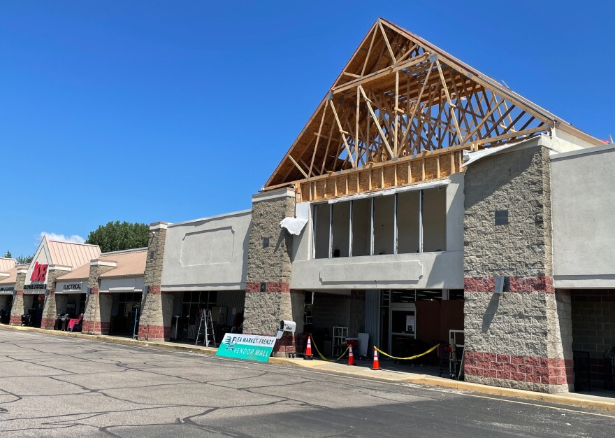 Tornado damage at the Apple Center strip mall in Newburgh