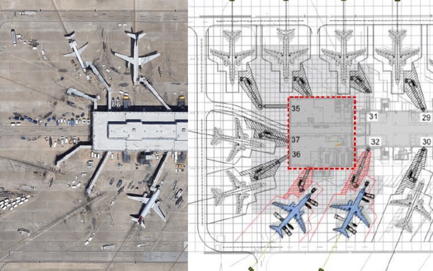 A side-by-side comparison of a satellite image of the west side of the Barbara Jordan Terminal and a site plan showing how the building will be expanded.