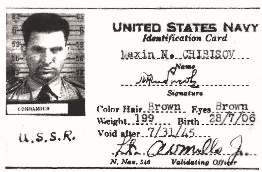 The U.S. Navy identification card issued to Col. Maxim Chibisov, commanding officer of Soviet pilots training in North Carolina. Chibisov's first name is misspelled.