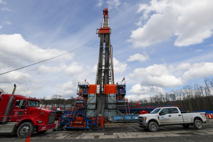 FILE - Work continues at a shale gas well drilling site in St. Mary's, Pa., March 12, 2020. Republican candidates for Pennsylvania governor are pledging to open up natural gas production, but there are constraints to what a governor can do. (AP Photo/Keith Srakocic, File)