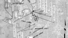 A map of a proposed sewer interceptor project imposed on a map of southwest Bloomington-Normal.