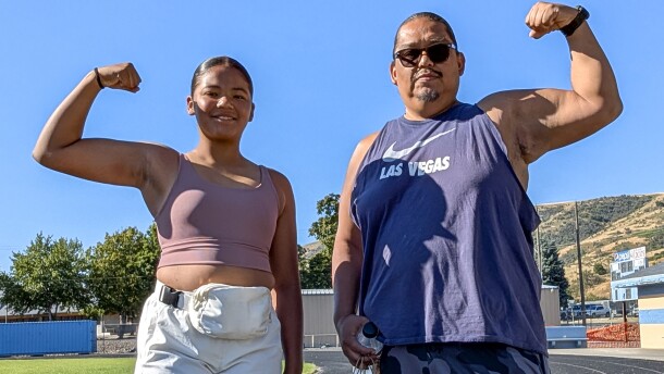 McCoy Oatman, a patient in Nimiipuu Health's first and second diabetes management pilot programs, is pictured with his 13-year-old daughter, Monroe, at a 5K in Lapwai, Idaho.