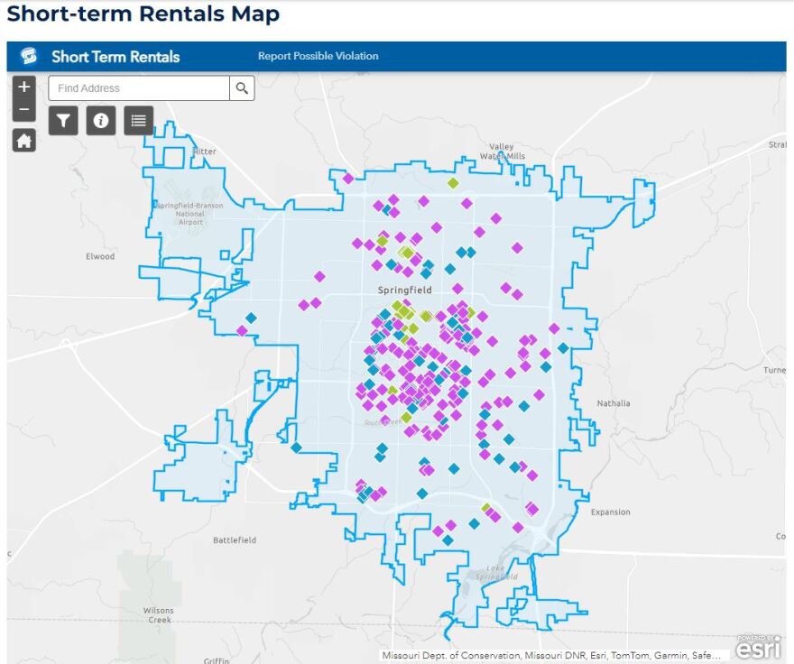A screenshot of the City of Springfield's recently-launched map of short-term rental properties, as seen on May 13, 2024.