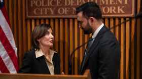 New York Gov. Kathy Hochul speaks with New York Mayor Zohran Mamdani after a news conference on Tuesday, Jan. 6, 2026, in New York.