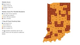 A screenshot of the Indiana State Health Department’s updated weekly tracking map labels 36 of the state’s 92 counties the most dangerous red category.