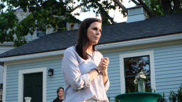 Stefany Shaheen speaking to her supporters during a house party in Portsmouth, NH in July 2026.