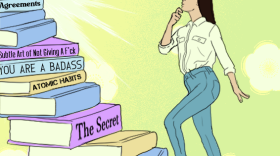 An illustration of a woman with long, brown hair, a white shirt, blue jean and white sneakers. She has a curious expression. She is walking up steps made out of various self-help books with titles that read: “ The Four Agreements,” “ “The Subtle Art of Not Giving a F*ck,” “YOU ARE A BADASS,” "Atomic Habits,” and “The Secret.” The background is a light green color with large white and yellow flowers. 