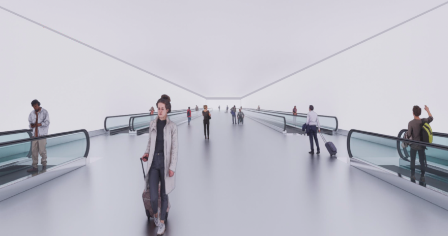 A sparse illustration showing people walking through a tunnel. Moving walkways are on either side. The walls and ceiling are barren and white, and the floor gray as this is a barebones example of what the tunnel could look like.