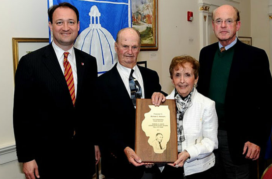 Michael Maibach's award was accepted by John Morris, with Michael's parents, Annette and Charles, and Jim Nowlan.