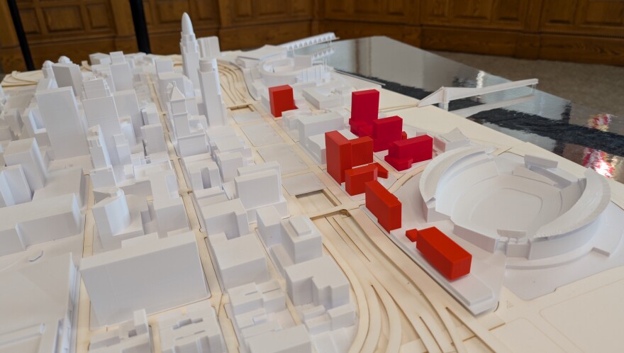 A 3-D printed model of Downtown Cincinnati and the Banks