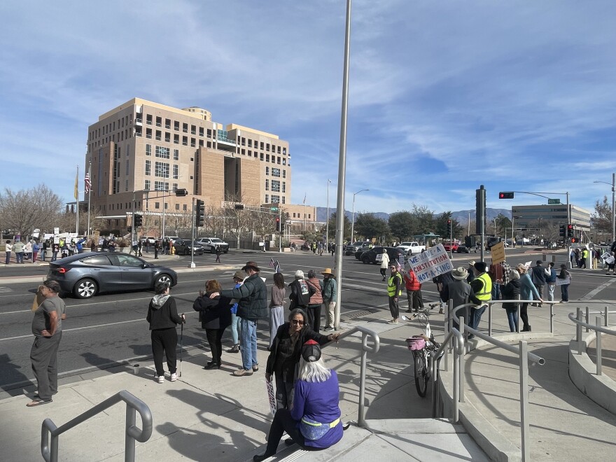 Around 15o people gathered in Downtown Albuquerque on Tuesday to protest President Donald Trump on the 5th anniversary of the Jan. 6th attack at the U.S. Capitol.
