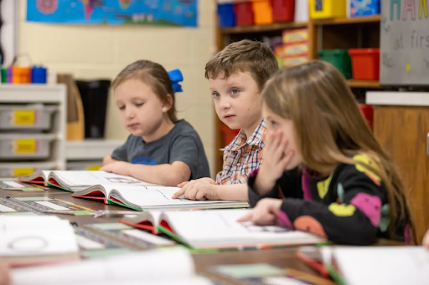 Students read along to “Kitten’s First Full Moon” in Amy Ingram’s first-grade class at Arapaho-Butler Elementary on Feb. 17, 2026.