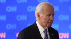President Joe Biden walking off stage at a commercial break during a presidential debate with Republican presidential candidate former President Donald Trump, Thursday, June 27, 2024, in Atlanta. (AP Photo/Gerald Herbert)