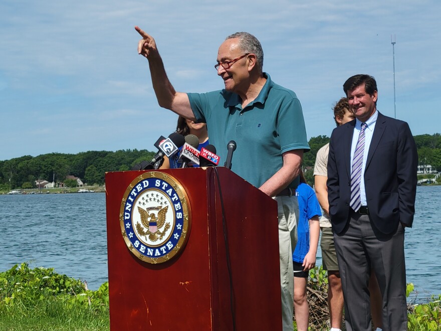 Senate Majority Leader Chuck Schumer speaks at the Niagara River on Aug. 16, 2021 to highlight $1 billion for the Great Lakes Restoration Initiative that was included in the Senate's recent bipartisan infrastructure package.