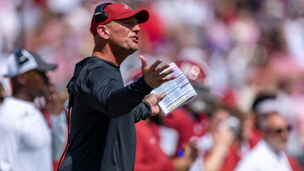 Alabama head coach Kalen DeBoer reacts to a call by the game officials during the first half of an NCAA college football game against East Carolina, Saturday, Sept. 5, 2026, in Tuscaloosa, Ala. (AP Photo/Vasha Hunt)