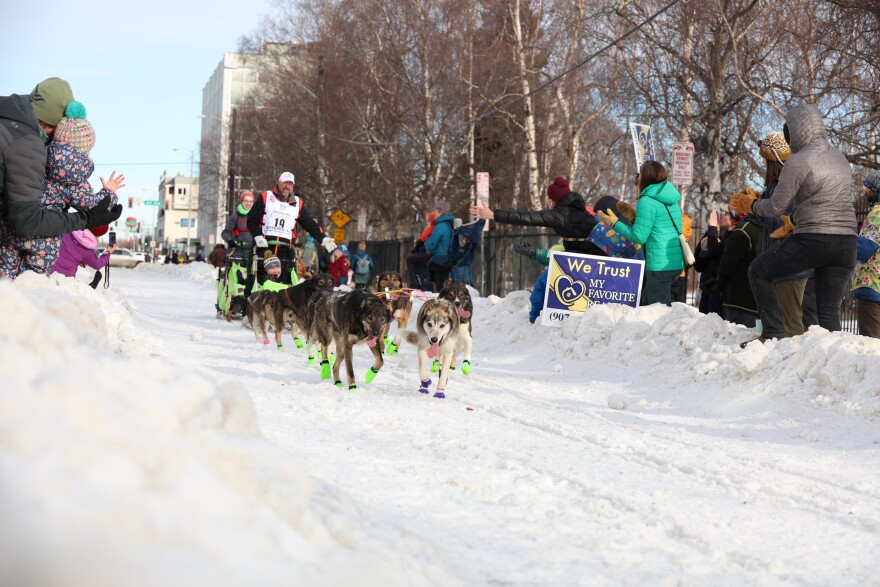 Rookie Daniel Klein at the 2025 Iditarod Trail Sled Dog Race ceremonial start in Anchorage on March 1, 2025.