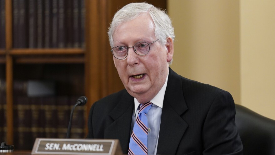 Senate Minority Leader Mitch McConnell, R-Ky., speaks at a Senate Rules Committee markup Tuesday to argue against the For the People Act.