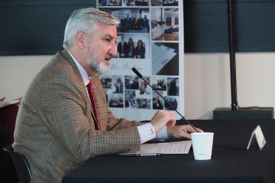 Gov. Eric Holcomb speaks to the Bipartisan Commission on Biodefense at its Indianapolis meeting Wednesday, Sept. 27, 2023.