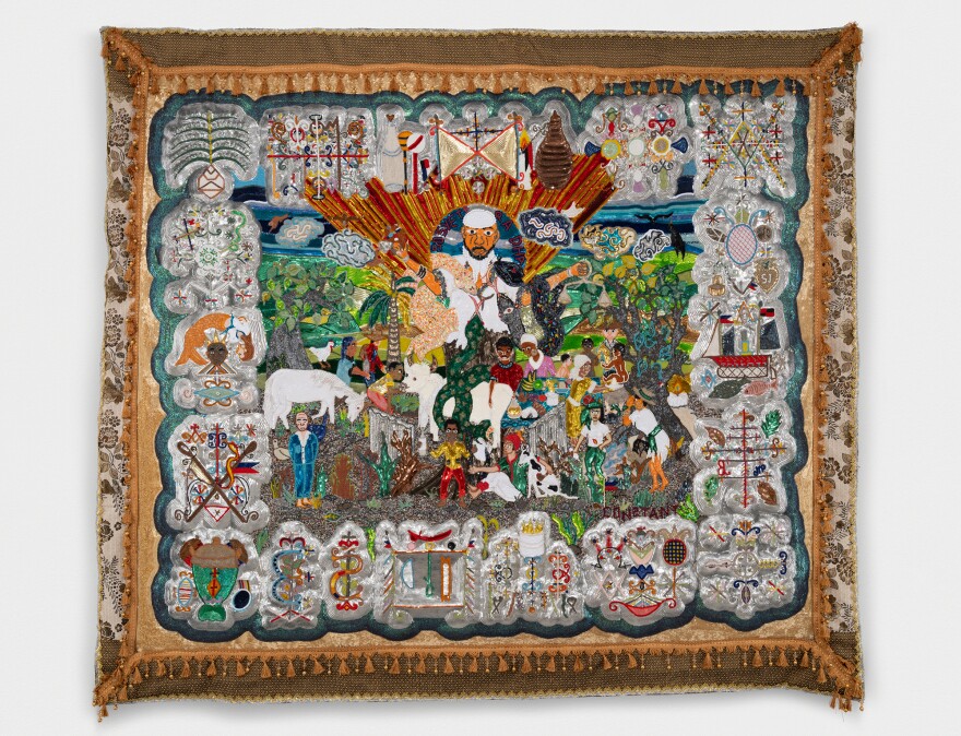 Myrlande Constant's "Sosyete Radha" is an intricately beaded tapestry