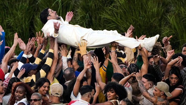 Bad Bunny performs during halftime of the NFL Super Bowl 60 football game between the New England Patriots and the Seattle Seahawks, Sunday, Feb. 8, 2026, in Santa Clara, Calif.