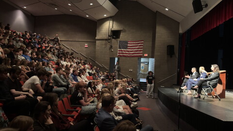 Minnesota Court of Appeals judges Keala C. Ede, Elise L. Larson and Rachel Bond answer questions from Pequot Lakes students Sept. 22, 2026, in the high school auditorium.
