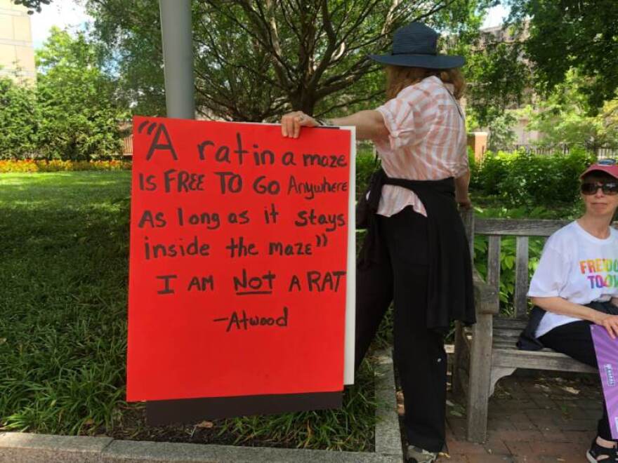 An attendant displays their sign at the rally in defense of abortion rights at Philadelphia’s National Constitution Center on June 25, 2022.