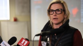 Anchorage School District Superintendent Deena Bishop at a press conference announcing the district will extend spring break an additional week over concerns about coronavirus on March 12, 2020. (Hannah Lies/Alaska Public Media)