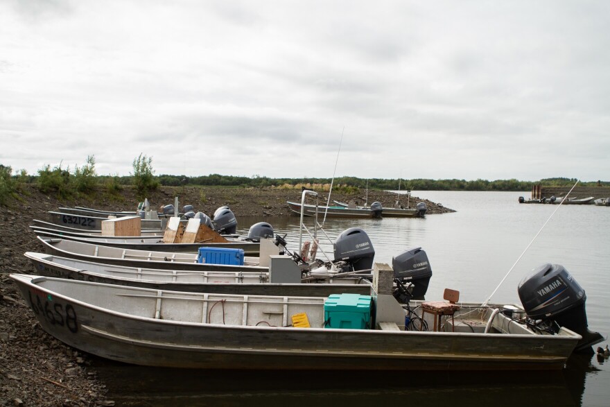  Skiffs line the lower Yukon River.