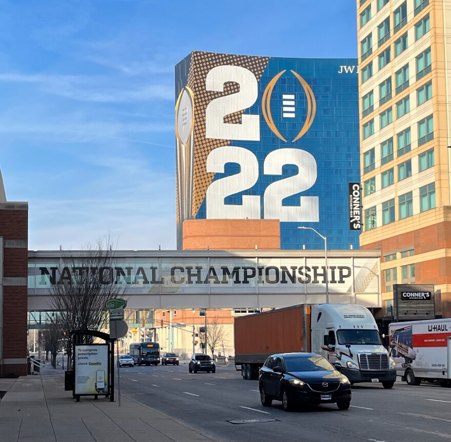 Banners for the game hang in Indianapolis. (Jill Sheridan WFYI)