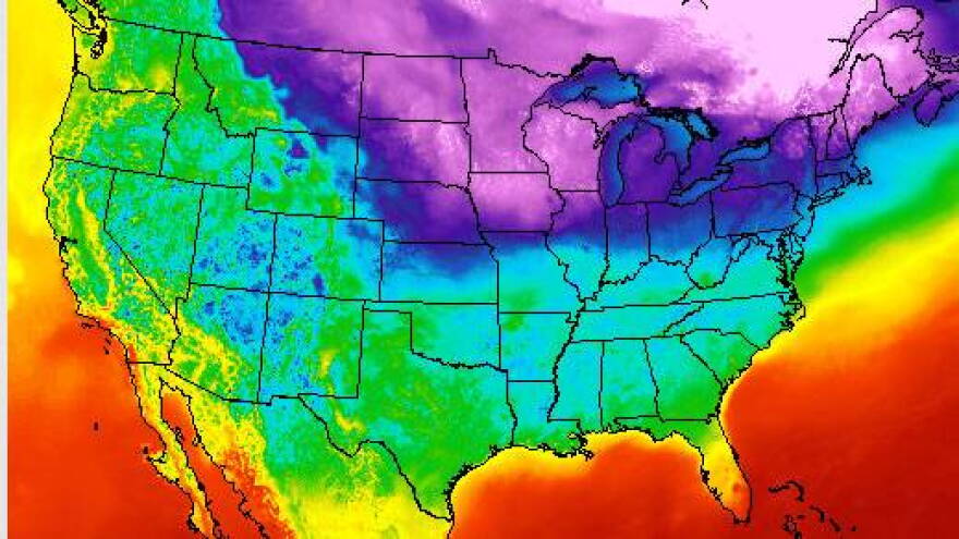 This map from the National Weather Service shows the cold temperatures, in purple and blue, that have settled across much of the U.S.