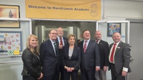 U.S. Secretary of Education Linda McMahon stands with Republican members of the Michigan State House on March 27, 2026. In a visit to Metro Detroit, McMahon urged Michigan leaders to enroll the state in a scholarship tax-incentive program similar to school funding schemes that Democrats have criticized for directing public funds to private schools.