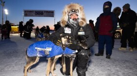 Pete Kaiser celebrates his eighth Kuskokwim 300 Sled Dog Race victory with his dogs in Bethel, Alaska on January 28th, 2024.