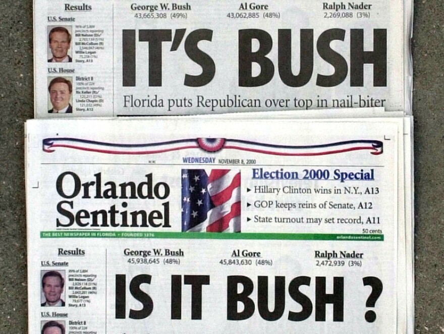 The Nov. 8, 2000 edition of the <em>Orlando Sentinel,</em> with election night headlines about the state. The exit polls showed a tight race and many networks called Florida for Al Gore, then George W. Bush.