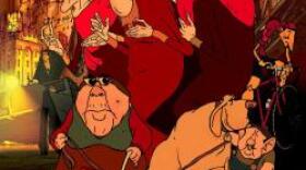 The Triplets of Belleville Movie Poster-  animated singing ladies, animated dog, cityscape in background