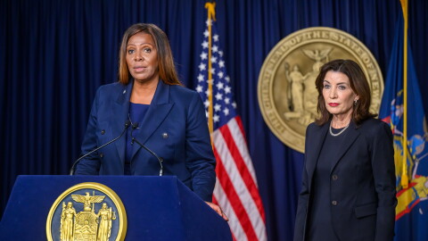 New York Attorney General Letita James, left, and Gov. Kathy Hochul at a news conference in New York City Wednesday November 6, 2024