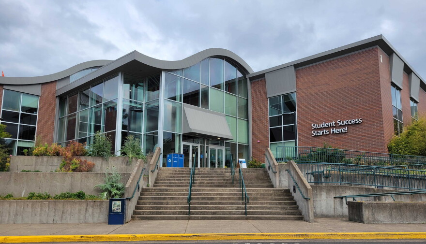 A staircase leading up to a campus building
