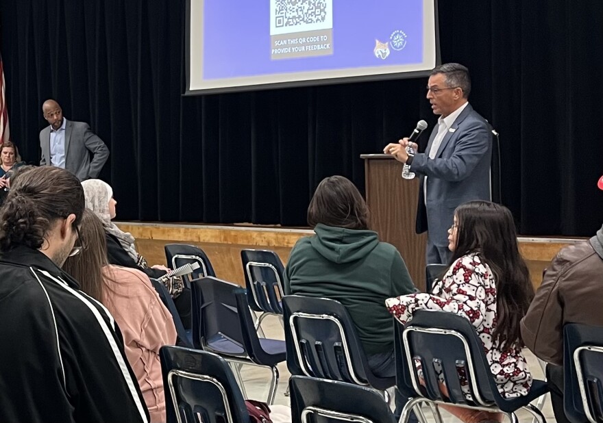 NEISD Superintendent Sean Maika speaks during a presentation about a proposal to close three schools in January 2025.