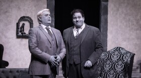 From left, Ben Bryant as Nigel Grouse and Scott Nixon as Harry Hunsacker bumbling their way through another case in Pegasus Theatre's latest black-and-white comedy-mystery "MacMurder!"