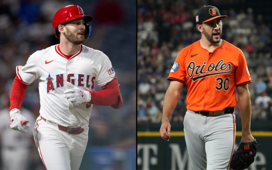 Left: Los Angeles Angels' Taylor Ward runs the bases after hitting a home run during the ninth inning of a baseball game against the Kansas City Royals Sept. 23, 2025, in Anaheim, Calif. (AP Photo/Eric Thayer, File)
Right: Baltimore Orioles starting pitcher Grayson Rodriguez walks off the field after pitching in the third inning of a baseball game Saturday, July 20, 2024, in Arlington, Texas. (AP Photo/Jeffrey McWhorter)