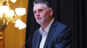 Indiana Treasurer Daniel Elliott, a Republican, speaks at a Statehouse rally on Thursday, June 11, 2026.