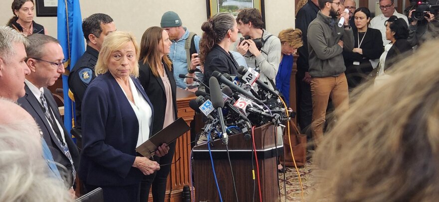 Maine Gov. Janet Mills speaks at a news conference in Lewiston, Maine Thursday.