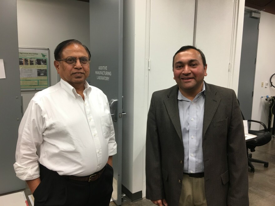 Narendra Dahotre, UNT Distinguished Research Professor, left; and Rajarshi Banerjee, Director of the Materials Research Facility at UNT.