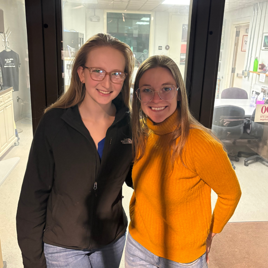 NMU Music Education and opera performer Jessica Schrader standing next to Keri Lee Pierson, Assistant Professor of voice at NMU in Public Radio 90's Studio A