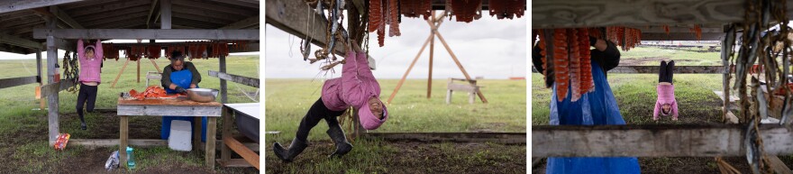 Deja Maher, 9, plays while her aunt, Helen Friend, cuts and hangs salmon outside her home in Kwigillingok last month.