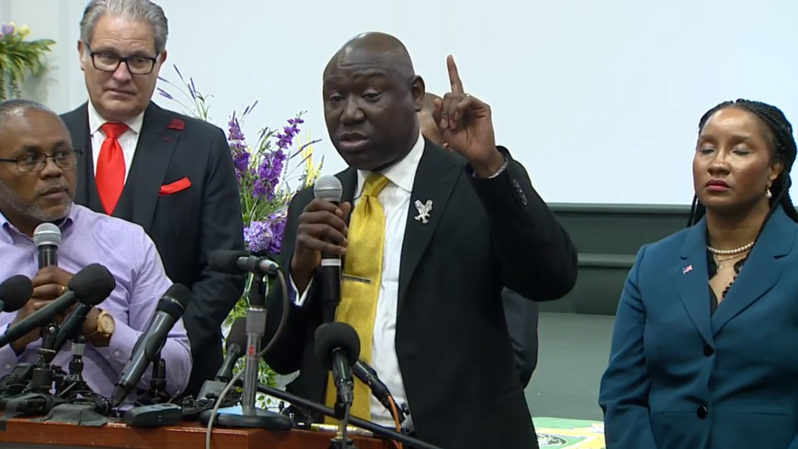 Attorney Ben Crump, who is representing the Lyoya family after Patrick Lyoya was shot and killed by a police officer, speaks at a press conference in Grand Rapids Thursday, April 14, 2022