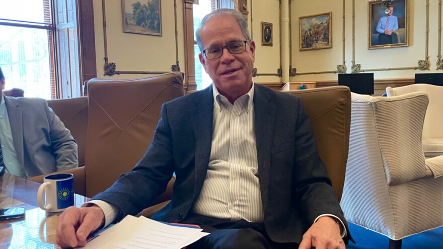Indiana Gov. Mike Braun talks about his push to root out fraud and cut costs in an interview at his Statehouse office on Tuesday, Feb. 3, 2026.