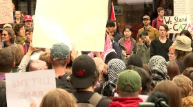 IU students and faculty gather in front of Bryan Hall on Indiana Avenue calling for the resignation of IU President Pamela Whitten, Provost Rahul Shrivastav, and Vice Provost for Faculty and Academic Affairs Carrie Docherty.