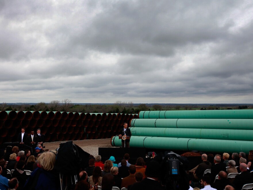 U.S. President Barack Obama speaks at the southern site of the Keystone XL pipeline on March 22, 2012 in Cushing, Oklahoma. Obama is pressing federal agencies to expedite the section of the Keystone XL pipeline between Oklahoma and the Gulf Coast.