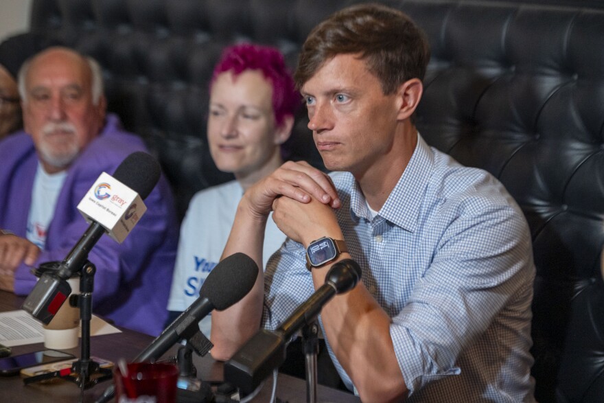 Rob Sand, the Democratic candidate for governor, participates in a roundtable on cancer in the state on July 28, 2026.